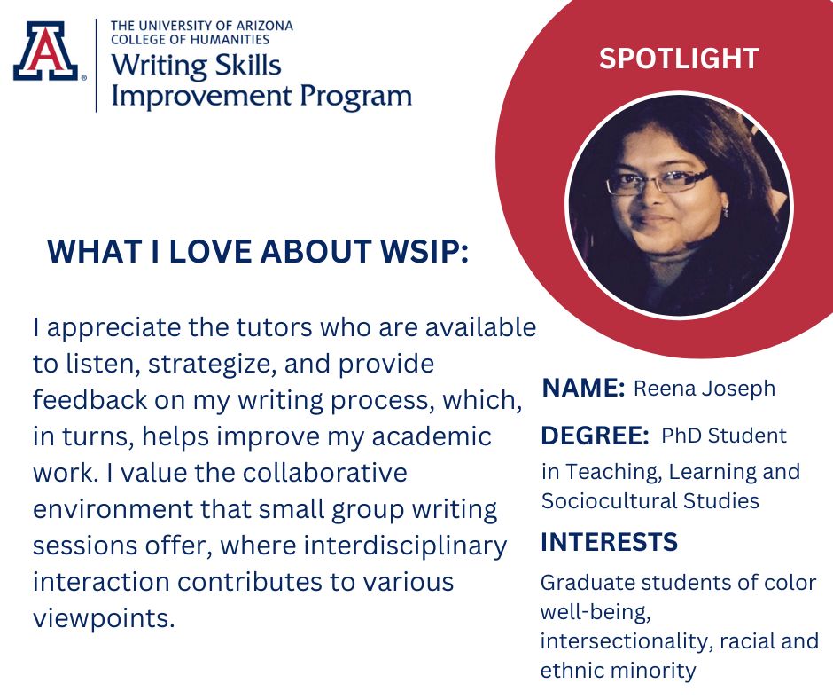 UAWritingSkills's tweet image. WSIP is shining a spotlight on PhD student Reena Joseph. Thank you for being a constructive member of our writing groups, and thank you for sharing your thoughts with us! #writingcommunity #writingsupport #celebratingstudents #academicwriting