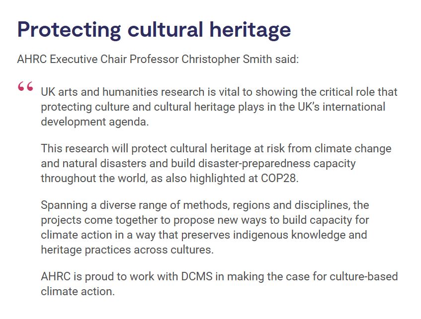 Arts and Humanities Research Council (@ahrcpress) on Twitter photo Five research projects, co-funded by <a href="/DCMS/">Department for Culture, Media and Sport</a> and AHRC, will look to develop solutions to tackle the impact of climate change on cultural heritage, building capability for climate action response in developing countries.
Find out more: orlo.uk/WZwO4 Five research projects, co-funded by <a href="/DCMS/">Department for Culture, Media and Sport</a> and AHRC, will look to develop solutions to tackle the impact of climate change on cultural heritage, building capability for climate action response in developing countries.
Find out more: orlo.uk/WZwO4