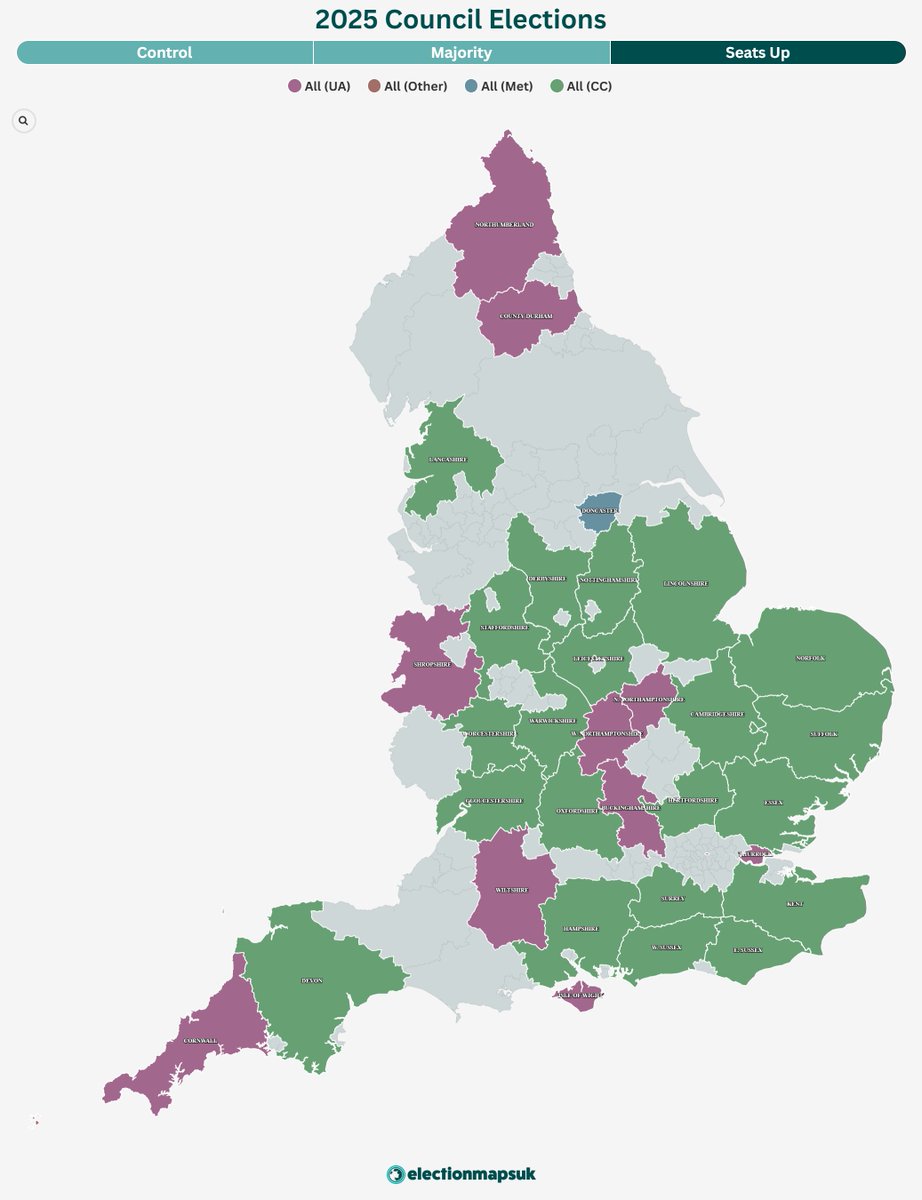 ElectionMapsUK's tweet photo. County Councils (green) are set to hold their final elections in 2025, as the Government plans to convert them directly, or split them, into Unitary councils of ~500k residents.

If County Councils can reach agreements with the Government, some may  postpone their elections until 2026/27 when they become Unitaries.

https://t.co/XBcZHeV0lV