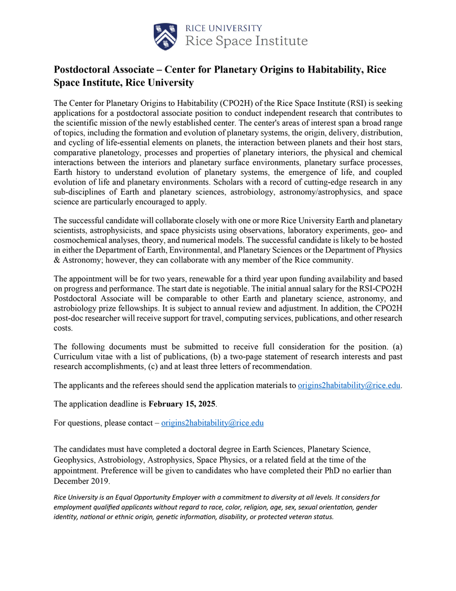 Rajdeep Dasgupta (@rdasgupta_earth) on Twitter photo The Center for Planetary Origins to Habitability of <a href="/RiceSpace/">Rice Space Institute</a> <a href="/RiceUniversity/">Rice University</a> has opened its annual post-doc fellowship competition. The application deadline is Feb 15, 2025. Please RT to spread the word.🌕🌎🔬🦠🪐🌋☄️
emdz.fa.us2.oraclecloud.com/hcmUI/Candidat… The Center for Planetary Origins to Habitability of <a href="/RiceSpace/">Rice Space Institute</a> <a href="/RiceUniversity/">Rice University</a> has opened its annual post-doc fellowship competition. The application deadline is Feb 15, 2025. Please RT to spread the word.🌕🌎🔬🦠🪐🌋☄️
emdz.fa.us2.oraclecloud.com/hcmUI/Candidat…