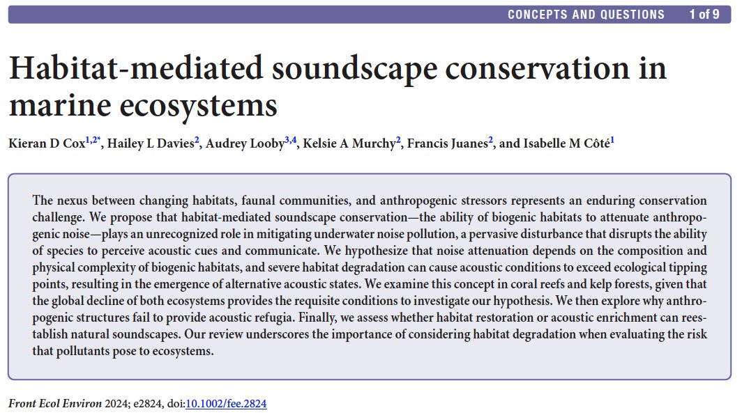 Kieran Cox, Ph.D (@kierancx) on Twitter photo Habitat-Mediated Soundscape Conservation in Marine Ecosystems is now published in Frontiers in Ecology and the Environment!
This work explores the nexus between changing habitats, marine biodiversity communities, and anthropogenic stressors.
doi.org/10.1002/fee.28… Habitat-Mediated Soundscape Conservation in Marine Ecosystems is now published in Frontiers in Ecology and the Environment!
This work explores the nexus between changing habitats, marine biodiversity communities, and anthropogenic stressors.
doi.org/10.1002/fee.28…