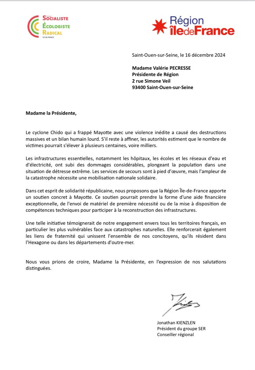 Suite au passage dévastateur du cyclone Chido à Mayotte, nous proposons à <a href="/vpecresse/">Valérie Pécresse</a> un soutien régional à l’île, sous forme d’aide financière, envoi de matériel de première nécessité ou mobilisation de compétences techniques pour la reconstruction. <a href="/jokienzlen/">Jonathan KIENZLEN</a>