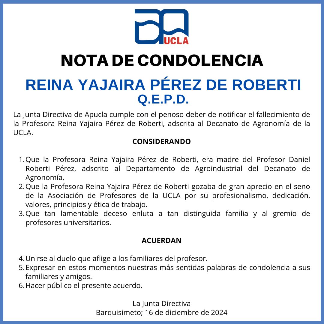 Expresamos en estos momentos nuestras más sentidas palabras de condolencia a sus familiares y amigos. Pedimos que Dios les conceda la fortaleza necesaria para superar esta ausencia. Paz a su alma.

Será velada en la Funeraria El Cristo. Av. Venezuela con calle 26.
#qepd <a href="/uclave/">uclave</a>