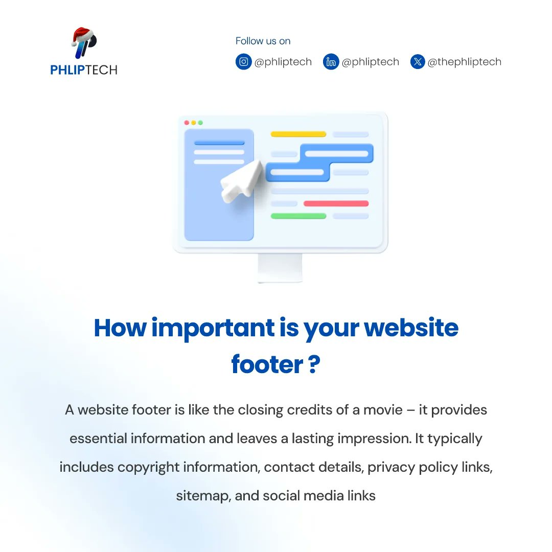 phliptechlabs's tweet photo. A website footer is like the closing credits of a movie, providing essential information and leaving a lasting impression. 

#websiteservices #websitedesign #websitedevelopment #websiteonline #websitemaker https://t.co/LaoXc2tsMd