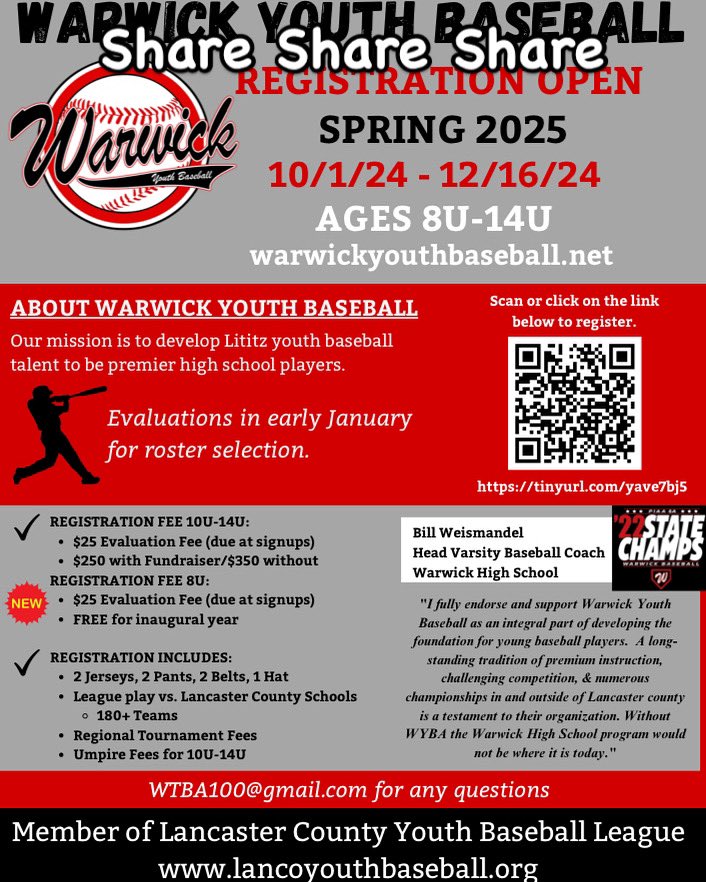 Warwick Youth Baseball Association tweet media
