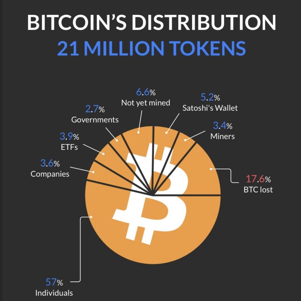 corybates1895's tweet image. Bitcoin’s current token distribution.  What do you notice?

57%  Individuals 
17.6%  Lost
6.6%  Not mined yet
5.2%  Satoshi Wallet
3.9%  ETFs
3.6%  Companies 
3.4%  Miners
2.7%  Governments
