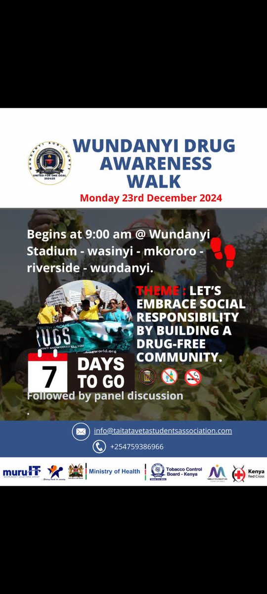 BChari47480's tweet photo. Fostering a Drug free community through Drug and Substance Abuse walk in Wundanyi. Taita Taveta Students Association is set to champion for a drug free community 
#TTSA
#SuperYouthAmbassador https://t.co/HiD5CejIJX