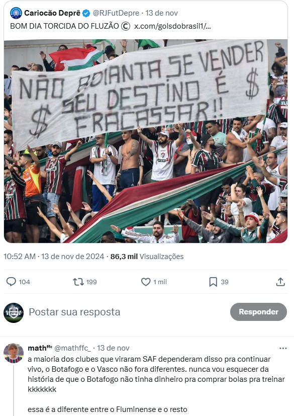 DoentesPFutebol's tweet photo. 1 mês depois o Botafogo conquistou Libertadores e Brasileirão e o Flu está anunciando que está se vendendo.

Futebol muda muito rápido. https://t.co/urTphgr3sT