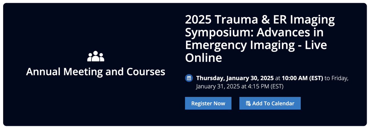 Judy Gadde, DO, MBA (@judygadde) on Twitter photo Join me at the SPR 2025 Trauma and ER Imaging Symposium Live Online ā January 30-31, 2025! Registration for this live online course is available and offers deeply discounted registration fees! Learn more about the Course <a href="/SocPedRad/">The Society for Pediatric Radiology</a>
tinyurl.com/spr2025erimage
#PedsRad #ERRad Join me at the SPR 2025 Trauma and ER Imaging Symposium Live Online ā January 30-31, 2025! Registration for this live online course is available and offers deeply discounted registration fees! Learn more about the Course <a href="/SocPedRad/">The Society for Pediatric Radiology</a>
tinyurl.com/spr2025erimage
#PedsRad #ERRad