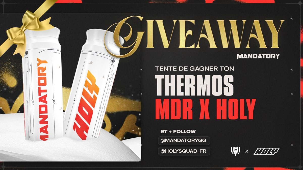 Les bros de chez Holy vous font gagner un Thermoshaker Mandatory dédicacé par tout le roster 2025. Une (très) belle pièce de collection ! 🥵

Pour participer : 
🔄 RT ce tweet
👤 Follow <a href="/MandatoryGG/">MANDATORY</a> et <a href="/holysquad_fr/">HOLY Squad France®</a>

📆 TAS le 31/12