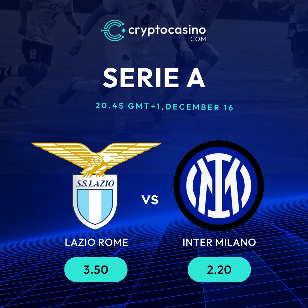 CryptoCasino's tweet image. A big night in #SerieA! 🇮🇹 

Two teams tied on 31 points and battling for the top meet at the Olympic Stadium. Their last clash ended 1-1. 

 🤔Who takes it this time? 

👉cryptocasino.com/sports

#LazioInter #SerieA #bettingX