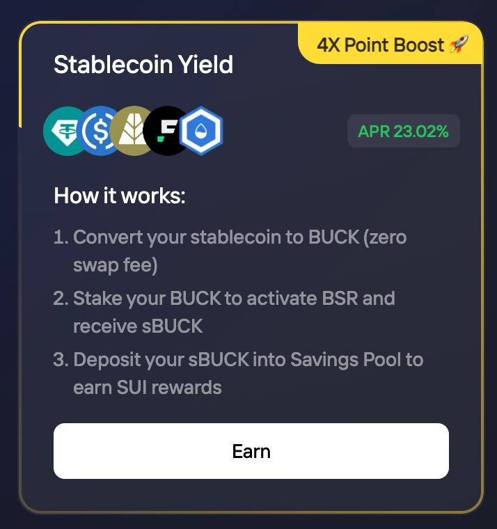bucket_protocol's tweet image. Not only can you earn an incredible 23% APR by depositing stablecoins on Bucket, $BUT you’ll also get 4x Bucket Points as an extra perk! 🪣🚀

Start maximizing your rewards now: app.bucketprotocol.io/?tab=earn