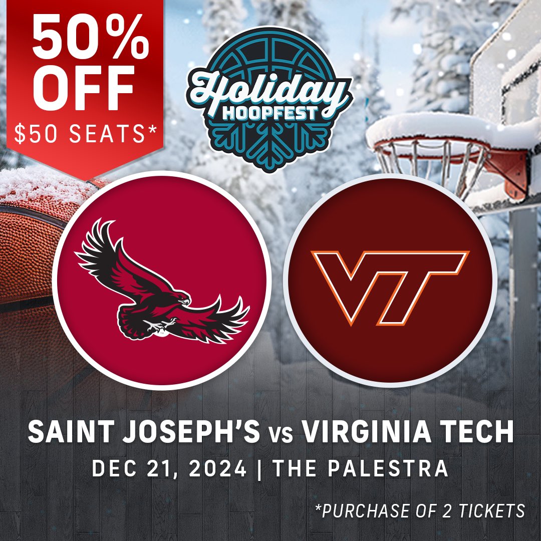 🚨 Holiday Hoopfest FLASH SALE!! 50% off on our purchases of 2 $50 seats!! 🚨

Come see <a href="/SJUHawks_MBB/">SJU Hawks MBB</a> and <a href="/HokiesMBB/">Virginia Tech Men's Basketball</a> at The Palestra on Saturday!!

🎟️: pennathletics.evenue.net/promotions/GAZ…