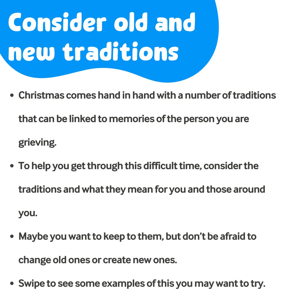 Sue_Ryder's tweet image. Christmas is a time filled with traditions and memories of loved ones. But if you&apos;re grieving, these traditions may bring up difficult emotions. It&apos;s okay to find new ways to honour those memories.

Swipe to see some of our suggestions for creating new traditions 💙