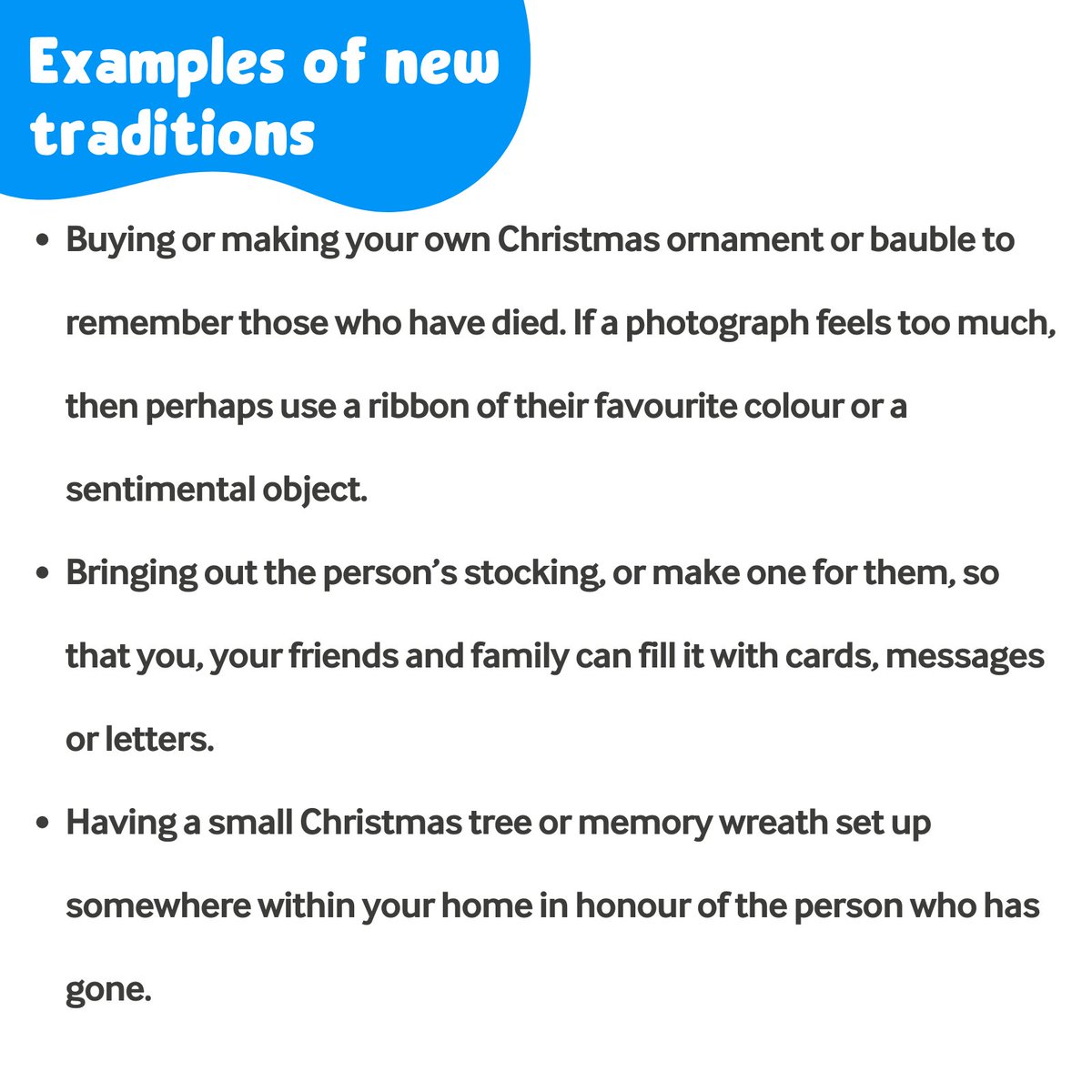 Sue_Ryder's tweet image. Christmas is a time filled with traditions and memories of loved ones. But if you&apos;re grieving, these traditions may bring up difficult emotions. It&apos;s okay to find new ways to honour those memories.

Swipe to see some of our suggestions for creating new traditions 💙