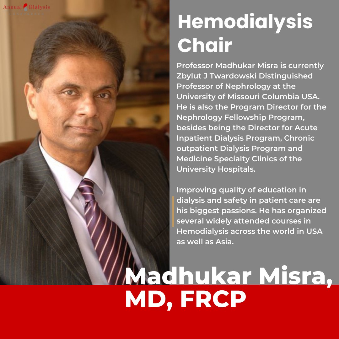 We are now excited to introduce our Hemodialysis Chair for ADC 2025: Professor Madhukar Misra! We are excited to have him on board!

#AnnualDialysisConference #ADC2025