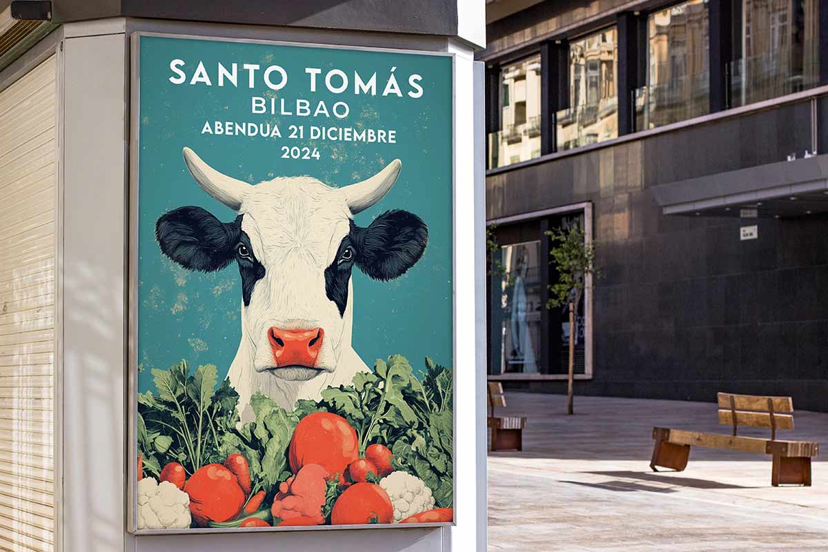 La_Facto's tweet photo. El diseño del cartel para el Mercado de Santo Tomás ya está aquí, ¡y estamos encantados con el resultado! Este 21 de diciembre, la ciudad de Bilbao da inicio a la Navidad con su tradicional mercado de ganado, verduras frescas y productos vascos. 🐄🥕🌽 https://t.co/HPs7qLIrSh