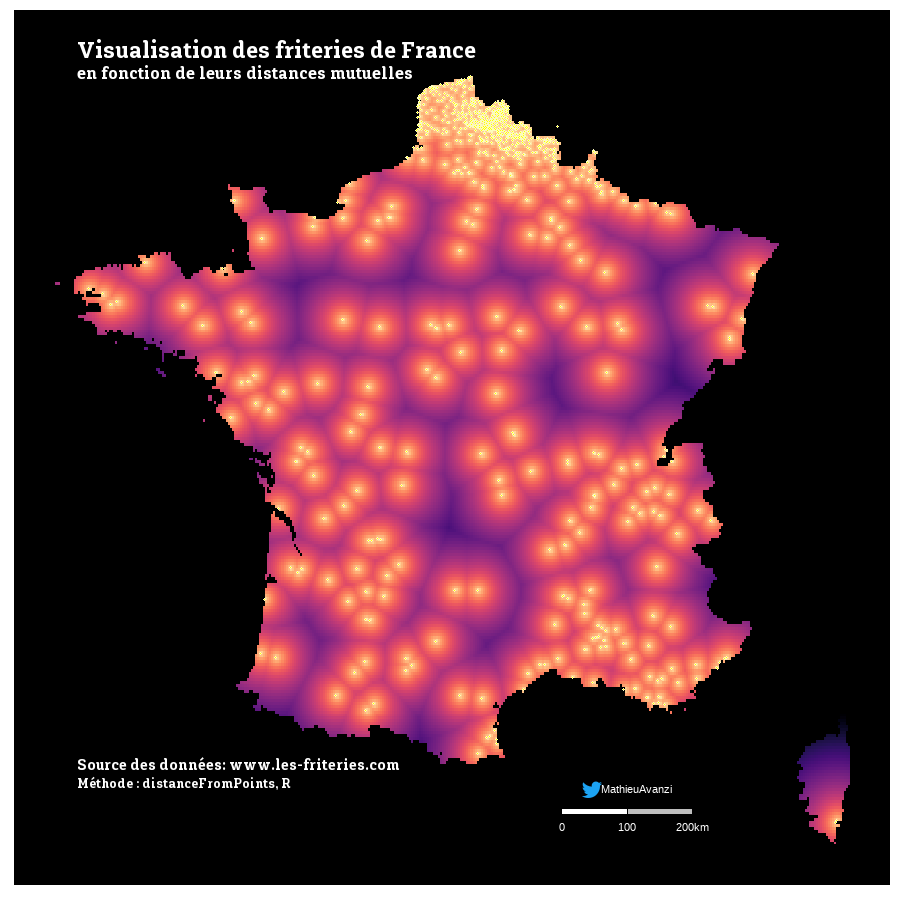 MathieuAvanzi's tweet photo. 🌍📷Carte des #friteries de France (baraques à frite) en fonction de leurs distances mutuelles. Sur 1250 friteries, plus de 930 sont localisées dans le Nord-Pas-de-Calais. Source des données : https://t.co/lAS71wC2kp