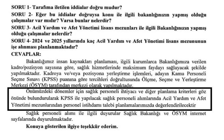 Acil Yardım ve Afet Yönetimi mezunlarının <a href="/saglikbakanligi/">T.C. Sağlık Bakanlığı</a>'nda istihdam hakkında verilen soru önergesine Sayın <a href="/drmemisoglu/">Prof. Dr. Kemal Memişoğlu</a>'nun verdiği cevap için teşekkür ediyoruz. #Afetlerhalksağlığı sorunudur. #AcilYardımveAfetYönetimi mezunları atama bekliyor.
<a href="/acilafetgovtr/">T.C. Sağlık Bakanlığı Acil Sağlık Hizmetleri</a>
<a href="/ahmetesmer2121/">Ahmet ESMER</a>