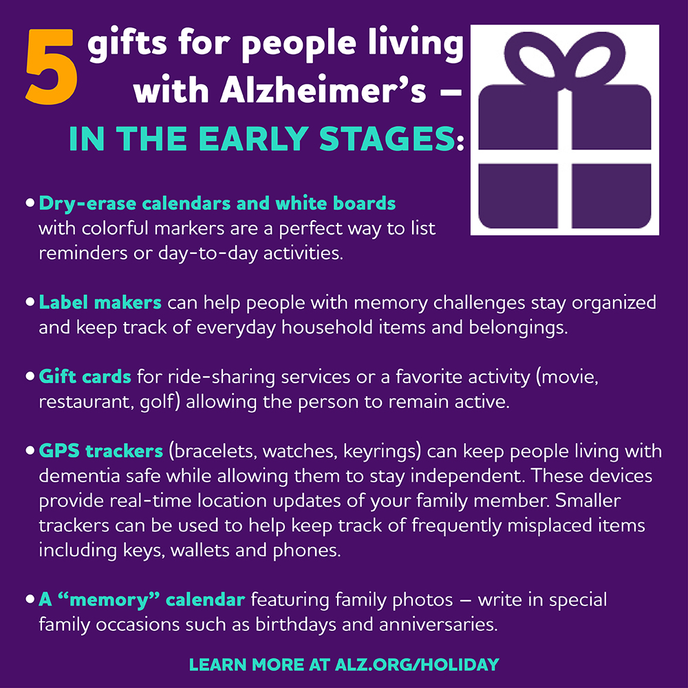 Depending on the stage of disease, some well-intentioned gifts may no longer be appropriate or practical for someone living with Alzheimer’s. Here are five gift ideas for people in the early stage of the disease. More ideas at alz.org/giftguide.