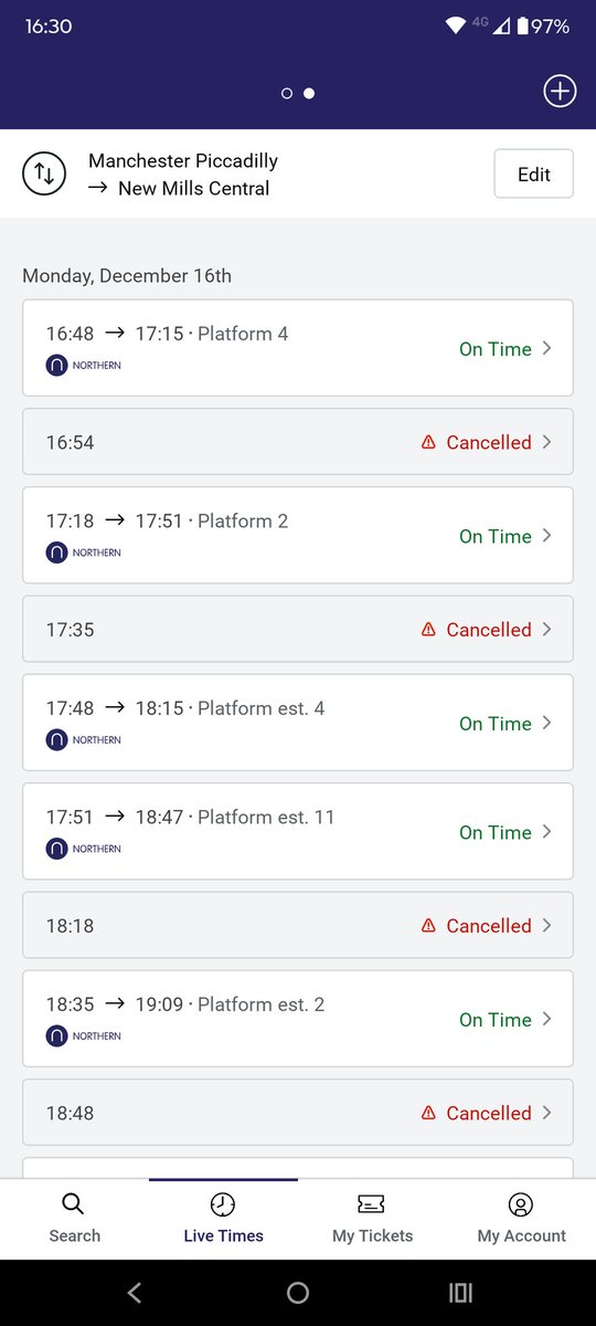 Not much of a service this, <a href="/northernassist/">NORTHERN 🚆</a>, almost every other train cancelled from Piccadilly to new Mills central!