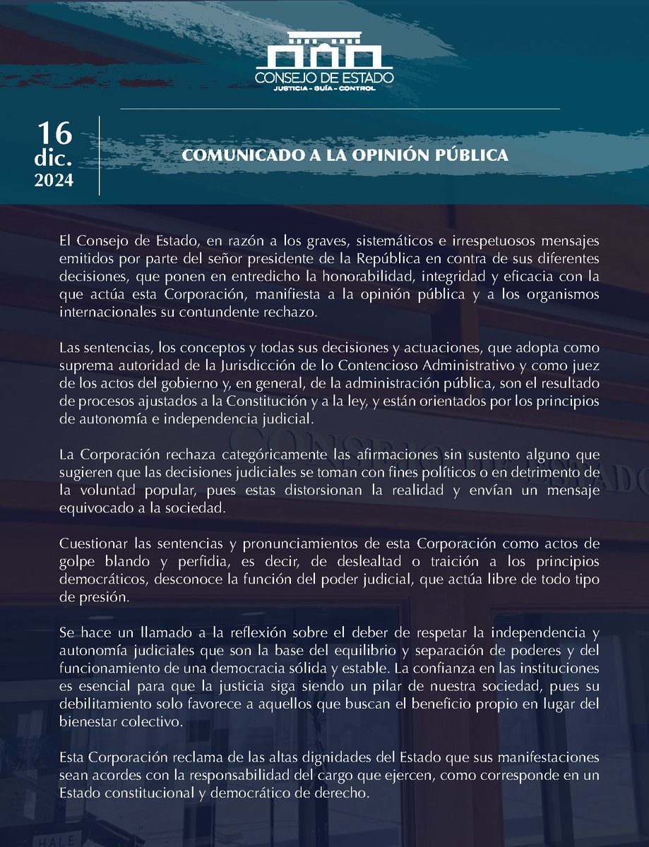 📜COMUNICADO A LA OPINIÓN PÚBLICA

👉Ver declaración Sala Plena <a href="/consejodeestado/">Consejo de Estado</a>: 
youtu.be/GuC76rbQWME

👉Ver comunicado: acortar.link/TqF6uZ