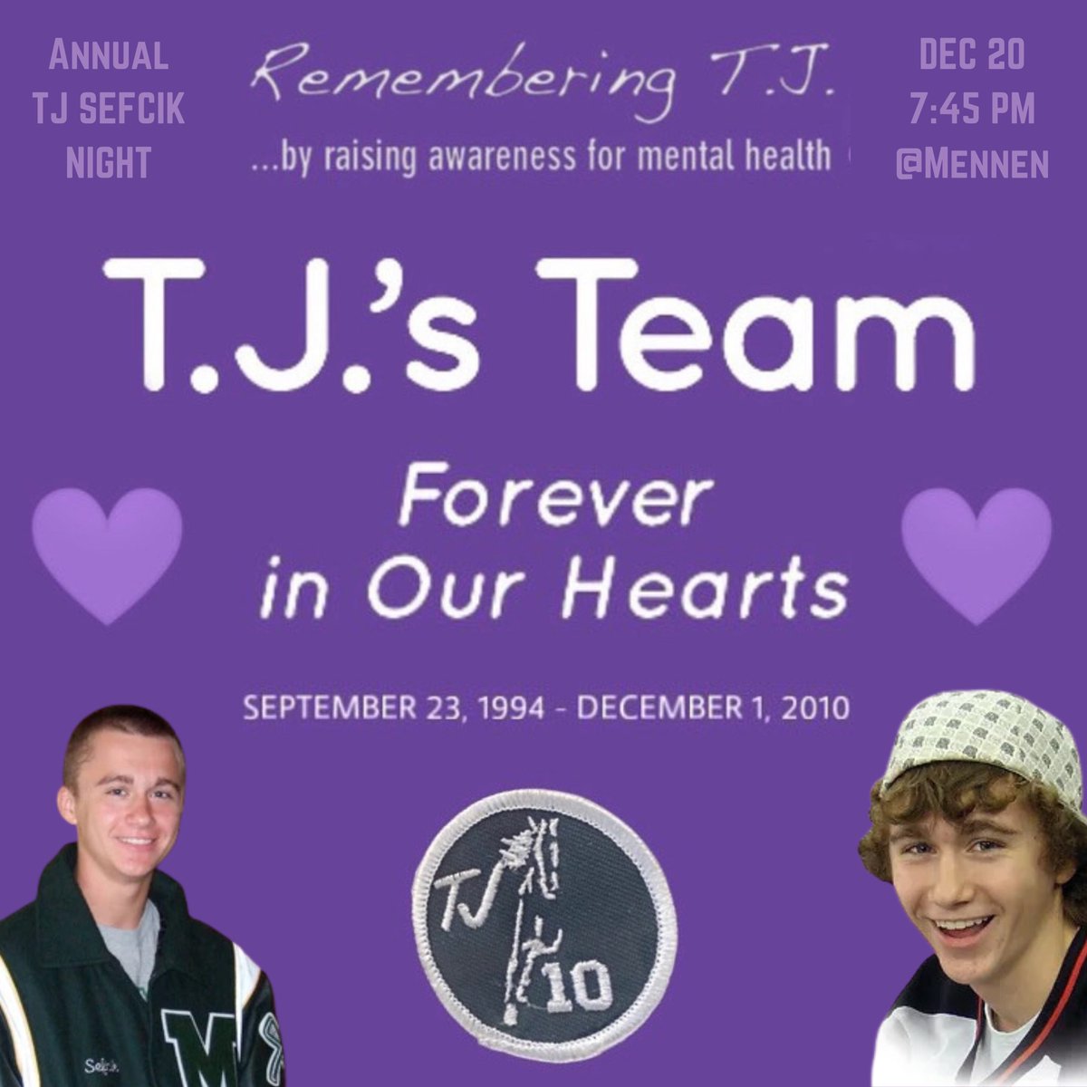 Our Annual TJ Sefcik Night is this Friday💜

Come support the Mustangs and the Sefcik family for a special night honoring TJ Sefcik while raising awareness for mental health on FRIDAY, DECEMBER 20th @ 7:45 PM against Roxbury at Mennen Sports Arena! Wear PURPLE💜