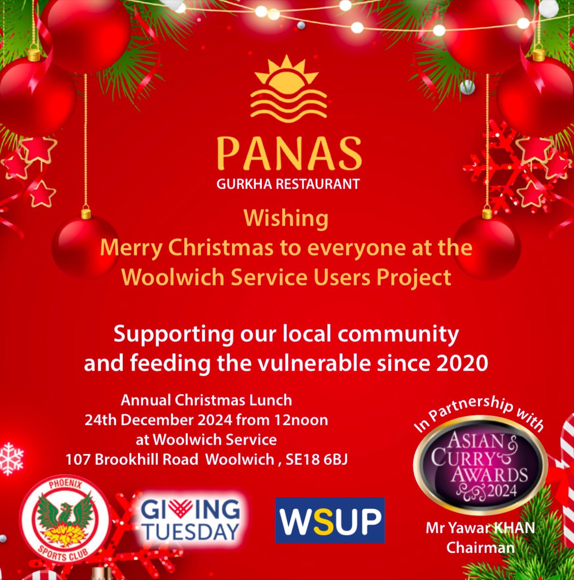 Not everyone has someone to share Christmas with.

Alongside our friends at @WSUP_Woolwich, @phoenixsport82 and <a href="/AsianCurryAward/">Asian Curry Awards</a> we will be providing Christmas Meals on the 24th Dec for the most vulnerable to ensure everyone gets some Christmas cheer!

#panasgurkha 

#woolwich