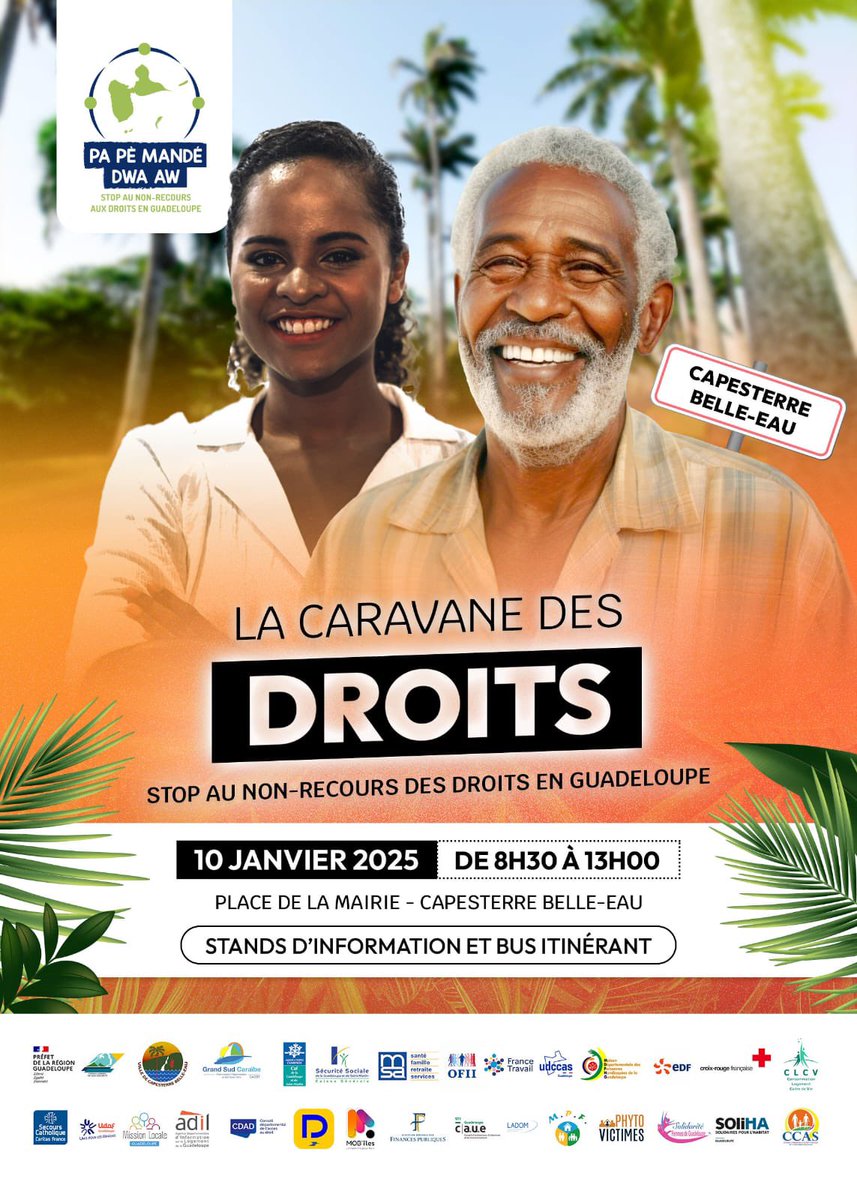 Prefet971's tweet image. 📆 Le 10 janvier 2025, la Caravane des Droits sera à Capesterre-Belle-Eau de 8h30 à 13h !

✅ Près de 30 institutions et associations seront réunies place de la mairie pour cette quatrième édition. 

🎯 L’objectif de cet événement : combattre le non-recours aux droits sociaux !