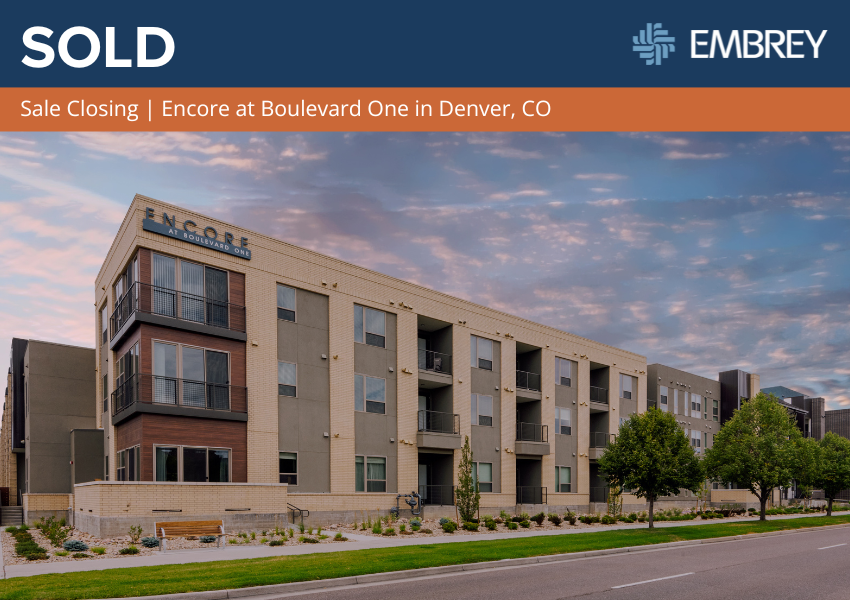 Encore at Boulevard One, a 347-unit multifamily community in Denver’s sought-after Lowry neighborhood, has been successfully sold. Investment partner in the sale is Northwestern Mutual. Property ownership transitions to AvalonBay Communities, Inc.

Link: bit.ly/4gyUbUU