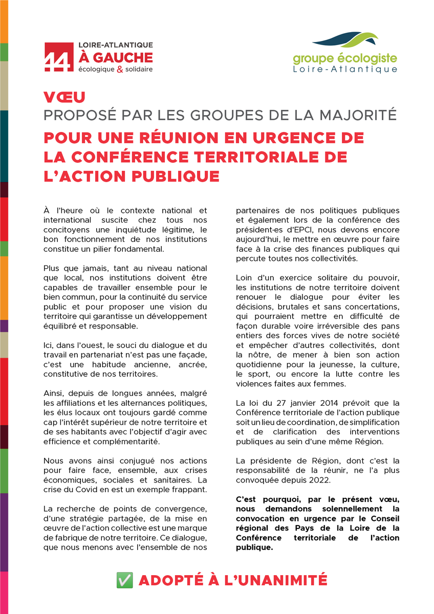 44aGauche's tweet image. #DirectLA Les groupes de la majorité ont proposé à l&apos;assemblée départementale un vœu pour demander solennellement la convocation par le Conseil régional des @PaysDeLaLoire de la Conférence territoriale de l’action publique. ✅ Vœu adopté à l&apos;unanimité !
#LoireAtlantique
