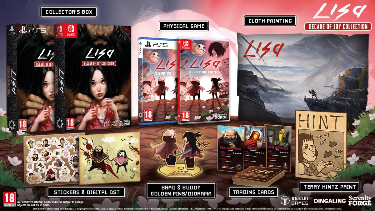 The LISA: Decade of Joy Edition comes packed with premium collectibles for hardcore fans of the series with a desire to work harder 🏋️

🃏 31 card set of Olathe’s iconic characters
🎨 Cloth painting
🖼️ Terry print
📍 Brad &amp; Buddy pins
➕ And more!

store.serenityforge.com/products/lisa-…