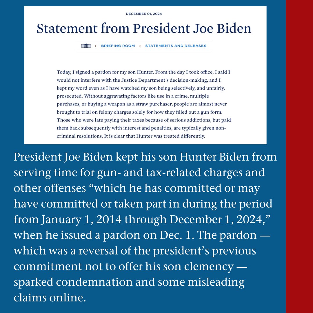 factcheckdotorg's tweet photo. President Joe Biden pardoned his son Hunter Biden from serving time for gun- and tax-related crimes. But contrary to claims on social media, Hunter Biden’s gun charges did not stem from a 1994 “crime bill authored” by then-Sen. Joe Biden.
#HunterBiden #JoeBiden #Biden #CrimeBill #factcheck