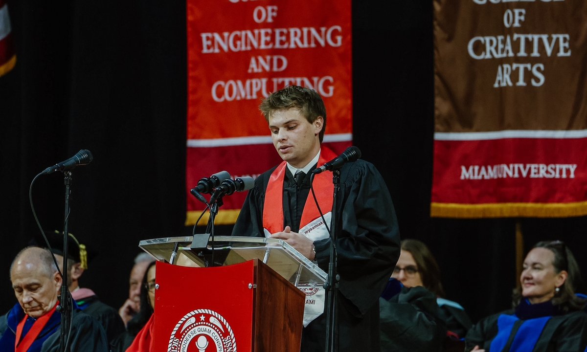 miamiuniversity's tweet photo. We want to say another big congratulations to our fall graduates! 🎓 To think that in such a place, YOU led such a life. #LoveAndHonor #MiamiOHGrad https://t.co/xvC0PrEGxM