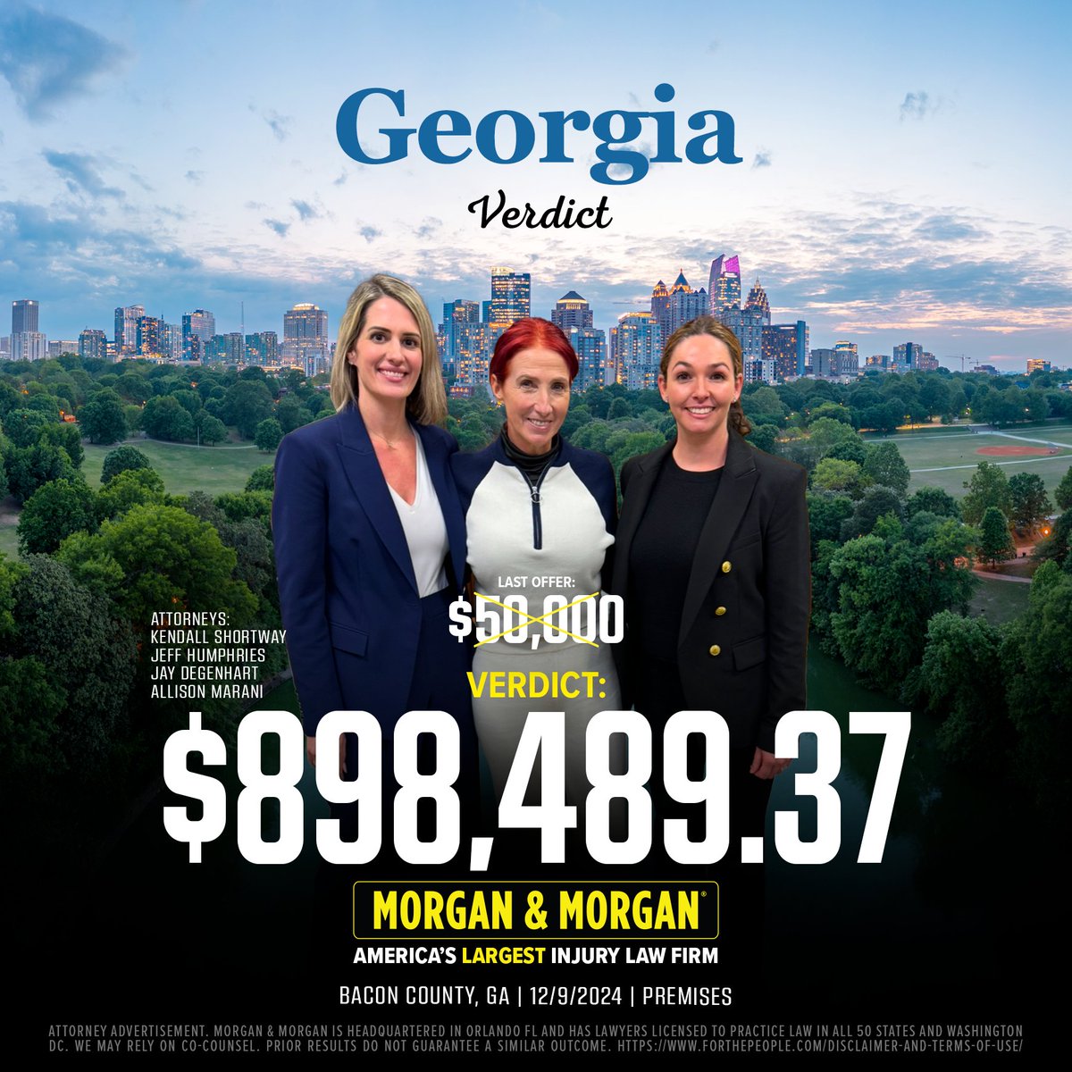 forthepeople's tweet photo. 🚨 #VerdictAlert:
Kendall Shortway, Jeff Humphries, Jay Degenhart, and Allison Marani just received a $898,489.37 verdict for our client in Georgia!
Proud of this team for getting our client every penny they deserve #ForThePeople 💪 https://t.co/A6FnzOzSeF