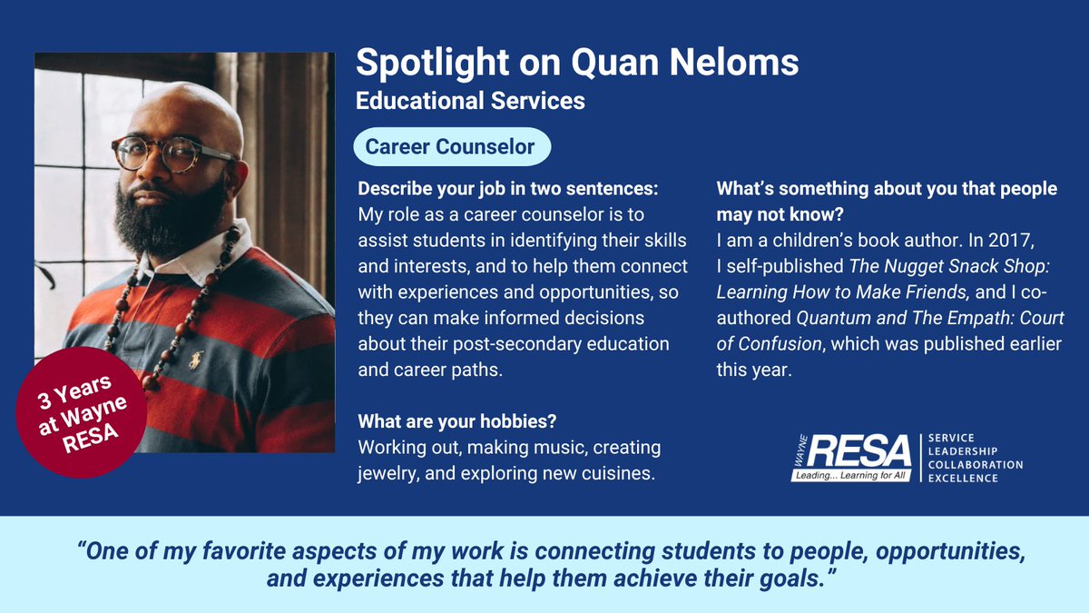 Let's shine a spotlight on our #WeAreWayneRESA team! Please meet our amazing career counselor, Quan Neloms!

We are grateful for all the excellent work Quan does to engage  Wayne County students and help set them up for success after graduation.  Thank you, Quan!
