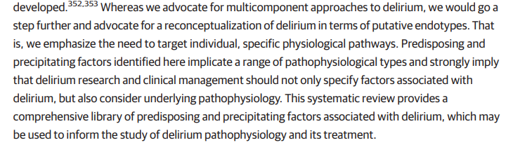 ❗ What do we know about risk factors for #delirium?

➡️ Impressive, comprehensive systematic review of the literature

👁️ "𝙏𝙝𝙚𝙨𝙚 𝙛𝙞𝙣𝙙𝙞𝙣𝙜𝙨 𝙖𝙧𝙜𝙪𝙚 𝙖𝙜𝙖𝙞𝙣𝙨𝙩 𝙖 𝙤𝙣𝙚-𝙨𝙞𝙯𝙚-𝙛𝙞𝙩𝙨-𝙖𝙡𝙡 𝙖𝙥𝙥𝙧𝙤𝙖𝙘𝙝 𝙩𝙤 𝙪𝙣𝙙𝙚𝙧𝙨𝙩𝙖𝙣𝙙𝙞𝙣𝙜,