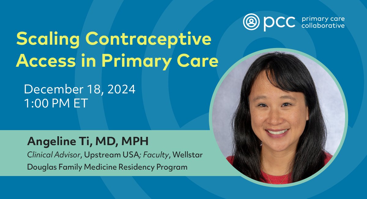 Primary Care Collaborative (PCC) (@pcpcc) on Twitter photo We're thrilled to have <a href="/Upstream_USA/">Upstream USA</a> and <a href="/WellstarHealth/">Wellstar Health System</a>'s Dr. Angeline Ti on this week's webinar exploring why primary care is uniquely poised to deliver high-quality, patient-centered contraceptive care.
Register here⤵️
thepcc.pub/Scaling-Access We're thrilled to have <a href="/Upstream_USA/">Upstream USA</a> and <a href="/WellstarHealth/">Wellstar Health System</a>'s Dr. Angeline Ti on this week's webinar exploring why primary care is uniquely poised to deliver high-quality, patient-centered contraceptive care.
Register here⤵️
thepcc.pub/Scaling-Access