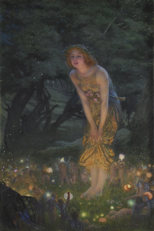 Banquozghost's tweet image. Across the threshold
of a dream
I walked

There
I found you
in moonlight shadow
among the trees

##vss365 #threshold 

painting: Midsummer Eve
by Edward Robert Hughes