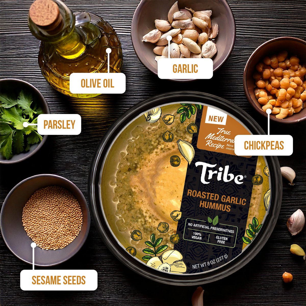 Our Roasted Garlic Hummus is loaded up with ingredients that bring the flavor! 🧄✨

#Tribe #RoastedGarlic #EasySnackIdeas #HummusLove