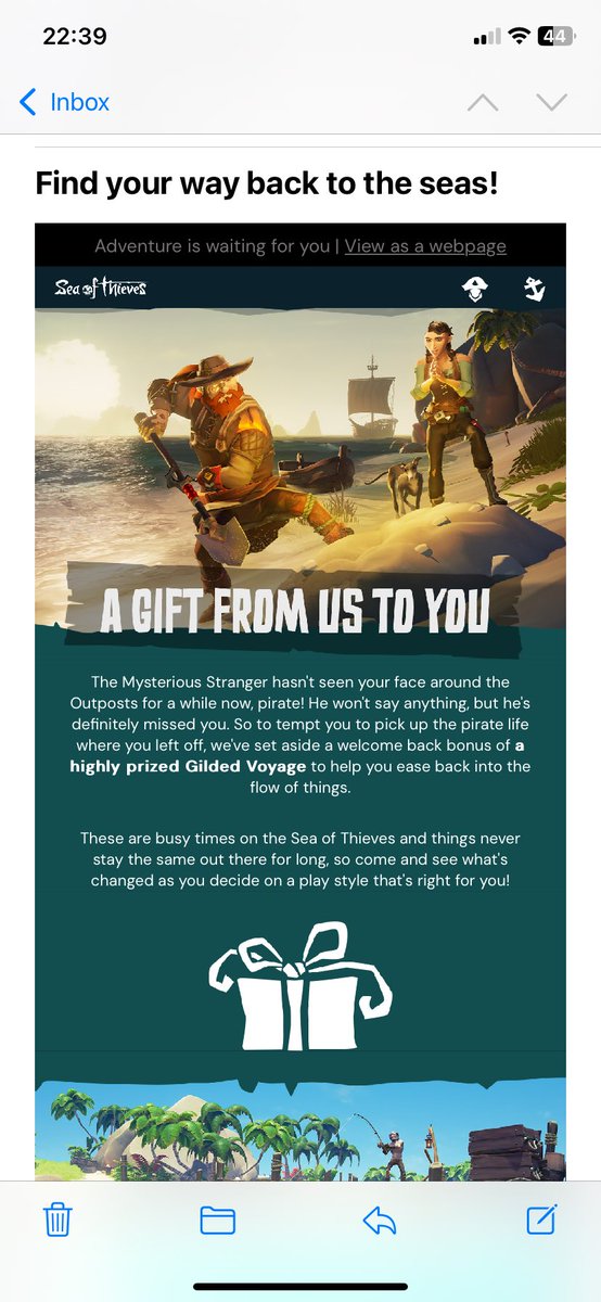 Knotty_Stitch's tweet photo. Errr, what? I mean, I’ll take the gilded voyage but I spent most of yesterday on @SeaOfThieves 🤔 https://t.co/ZFbYTifa5F