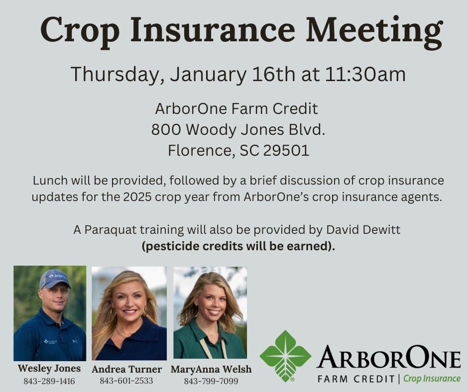 Join us Thursday, January 16th for a crop insurance update meeting and Paraquat training (earn pesticide credits). Lunch will be provided.