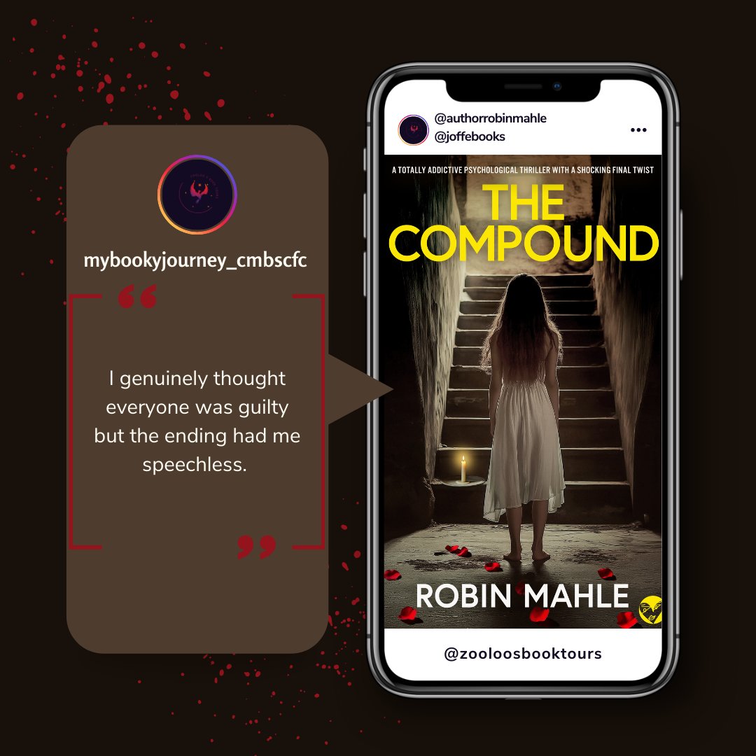 ZooloosBT's tweet image. Today the book tour for #TheCompound came to a close with a fab post by #mybookyjourney_cmbscfc ~ You can read all the reviews here ~ tinyurl.com/mwhsa2uz   

Thank you so much for your support!

#RobinMahle @JoffeBooks
#ZooloosBookTours