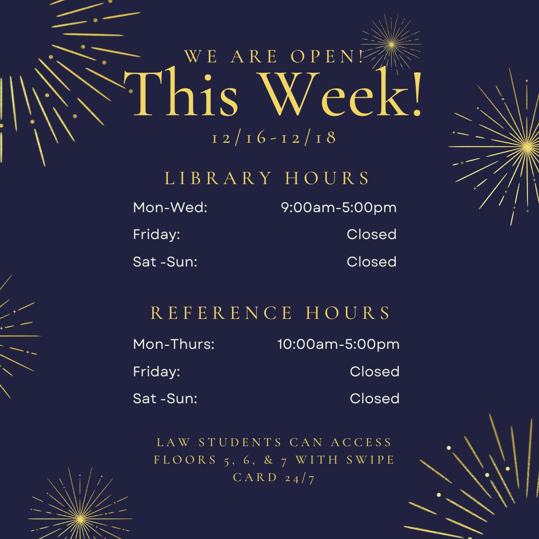 UBLawLib's tweet photo. We are open this week Mon-Wed, 12/16-12/18. from 9am to 5pm. Reference services available from 10am to 5pm. 
Law students can access floors 5, 6, &amp; 7 24/7 with their swipe cards.
#ubuffalolawlibrary https://t.co/cohcGAfUoX