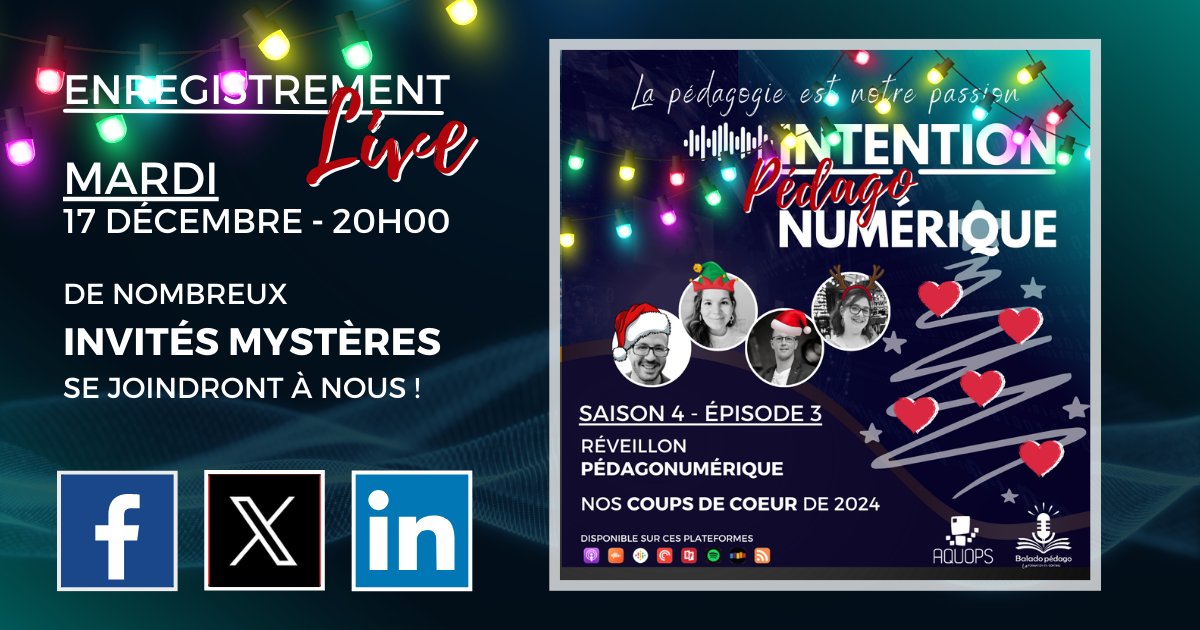 Sylvain Duclos | PROF (@sylvainduclos2) on Twitter photo IPN S04E03 🎁 Réveillon pédagonumérique
Dans cet épisode, nous vous présentons nos coups de coeur numériques et pédagogiques de 2024.
De nombreux invités surprise seront au rendez-vous.
Avec <a href="/merciermathieu5/">Mathieu Mercier</a> Myra Auvergnat et <a href="/Demersm81/">Marie-Hélène Demers</a>
#BaladoPedago
Présentation <a href="/AQUOPS/">AQUOPS</a> IPN S04E03 🎁 Réveillon pédagonumérique
Dans cet épisode, nous vous présentons nos coups de coeur numériques et pédagogiques de 2024.
De nombreux invités surprise seront au rendez-vous.
Avec <a href="/merciermathieu5/">Mathieu Mercier</a> Myra Auvergnat et <a href="/Demersm81/">Marie-Hélène Demers</a>
#BaladoPedago
Présentation <a href="/AQUOPS/">AQUOPS</a>