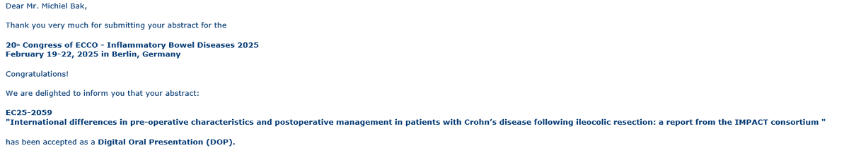Really happy &amp; proud that the first results of the IMPACT consortium 🇳🇱🇨🇦🇺🇸🇫🇷 (International Multidisciplinary Research Collaboration on Postoperative IBD) have been accepted as digital oral presentation at ECCO '25.

Stay tuned for more! <a href="/guthealthmd/">Dr Mark Silverberg</a> <a href="/MatthieuAllez/">Matthieu Allez</a> <a href="/Y_ECCO_IBD/">Y-ECCO</a>