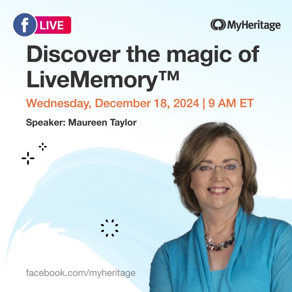 MyHChiefGen's tweet photo. Join me and Maureen Taylor the @PhotoDetective this Wednesday Dec 18 @ 9 AM ET to talk about the latest @MyHeritage #LiveMemory https://t.co/rPnwak3ZJ2 https://t.co/fziEwD9Hib