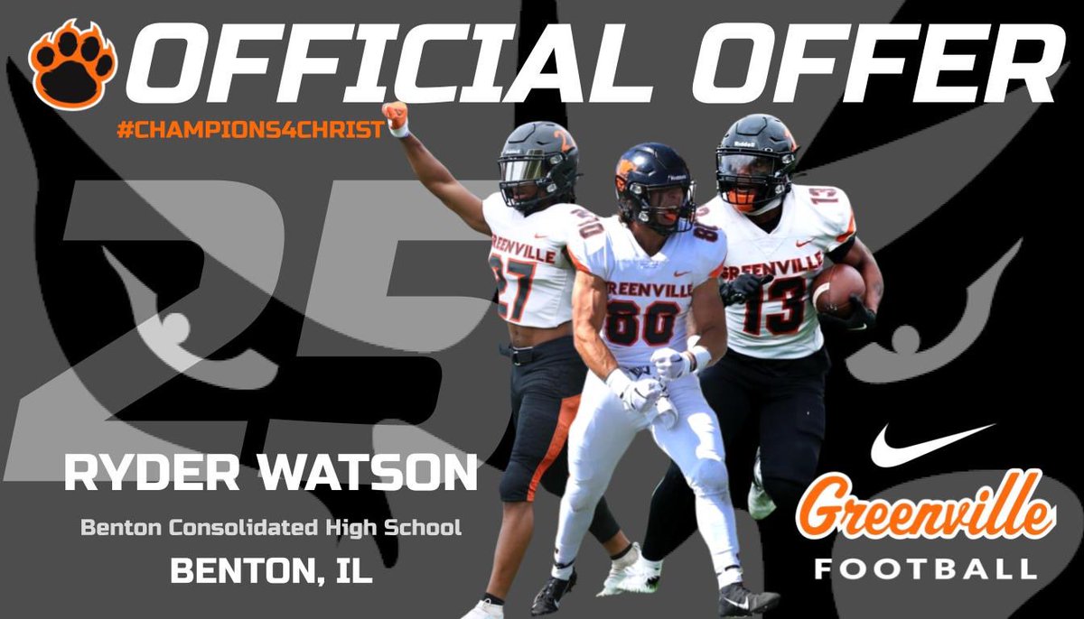 Ryder Watson (@_ryderwatson_) on Twitter photo After a great phone call with <a href="/Coachschomaker/">Robbie Schomaker</a> and a lot of talk about CFB with <a href="/IanLeib/">Coach Ian Leib</a> , I’m proud to say I’ve received my 3rd offer to play at the next level from Greenville University! After a great phone call with <a href="/Coachschomaker/">Robbie Schomaker</a> and a lot of talk about CFB with <a href="/IanLeib/">Coach Ian Leib</a> , I’m proud to say I’ve received my 3rd offer to play at the next level from Greenville University!