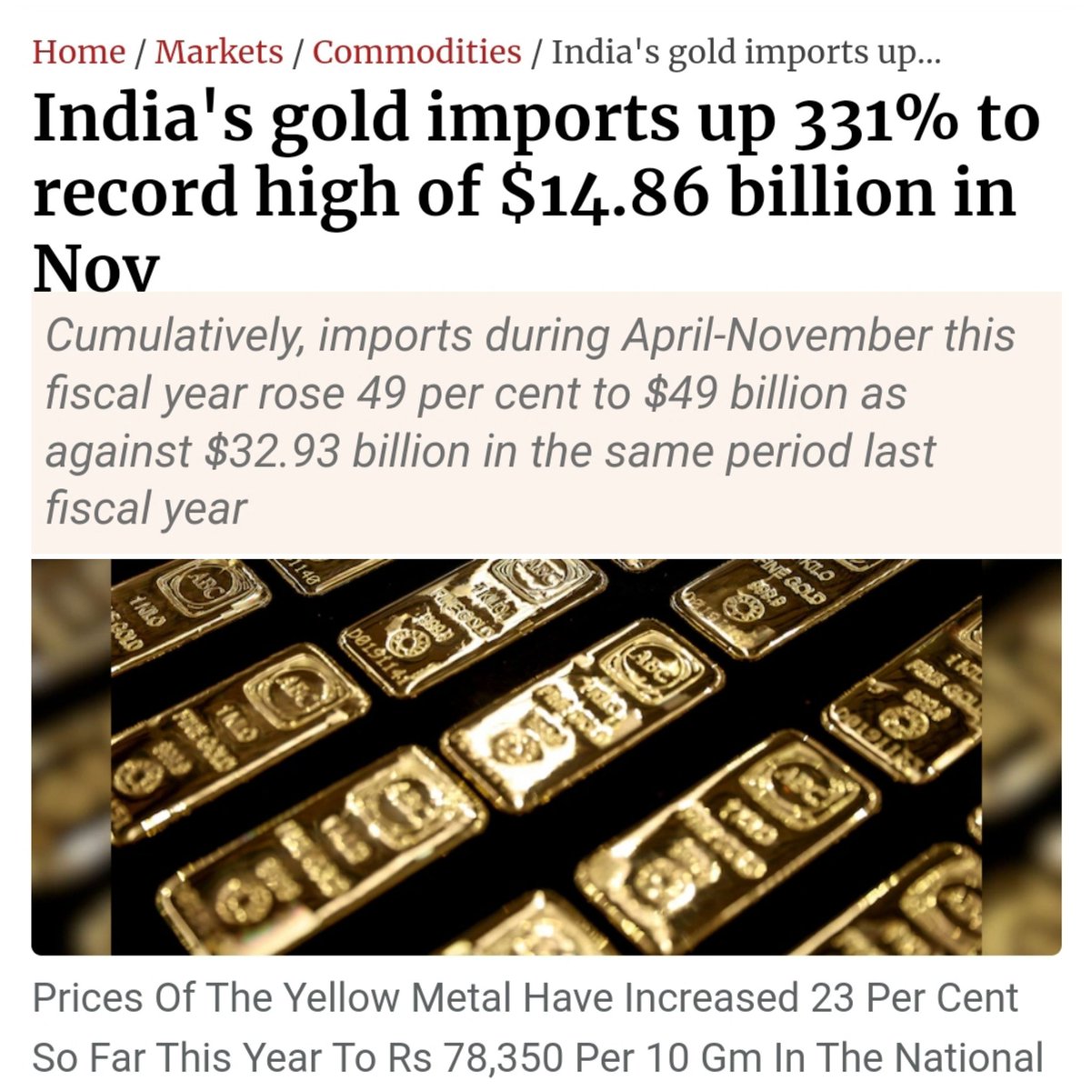 shanobido47's tweet photo. India's #Gold Imports Up 331% to Record High ot $14.86 Billion in November, Meanwhile #Gold Prices Continue to Rise...
#GoLongGold #GoldSqueeze #Silver #SilverSqueeze #Silverismoney #economy #Stockmarket #trade #Politics #India #BRICS+
https://t.co/mNhGhbbEpk https://t.co/3n7hVgoXSU