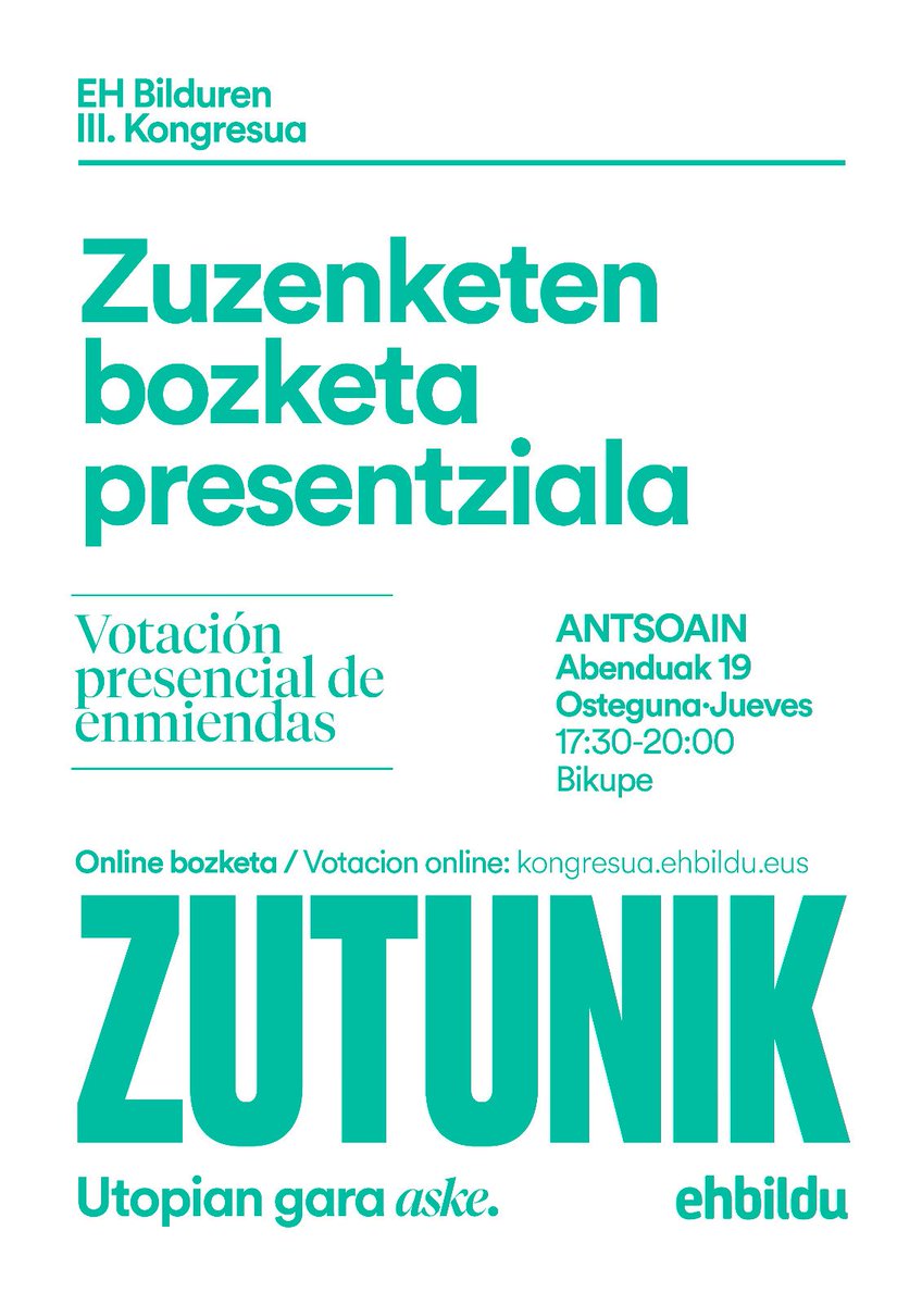 [Antsoain] Zuzenketen bozketa presentziala • Votación presencial de enmiendas

📌 Abenduak 19  diciembre
(osteguna - jueves)

🕠 17.30 - 20.00

📍BIKUPE Elkartea.

Parte hartu • Participa

📲labur.eus/zuzenketenmemo…